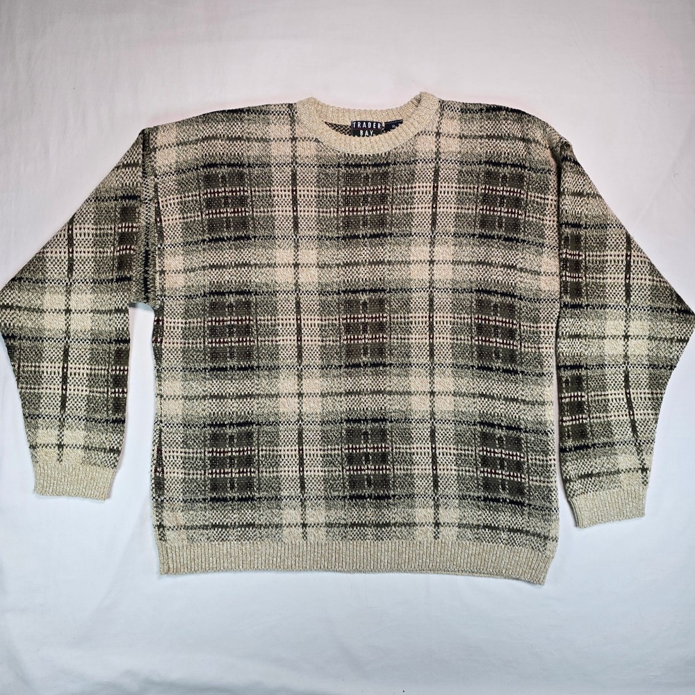 Trader Bay Mens XL Plaid Crewneck Sweater Beige Green Cotton Blend Made in USA